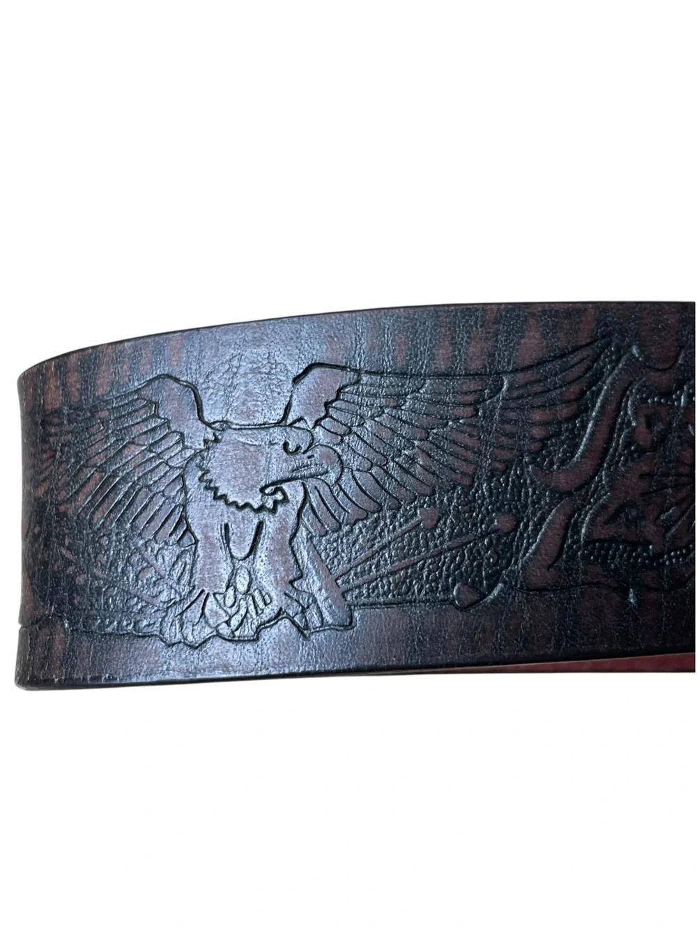TOOLED Leather Eagle Belt Brown Pewter Buckle Men's Sz XL USA Americana Western